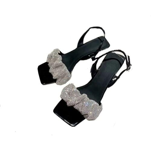 Pleated Artificial Diamonds Decoration Bling Light Elegant High Heels Women Sandals Summer Square or Thin 2021 New Fashion