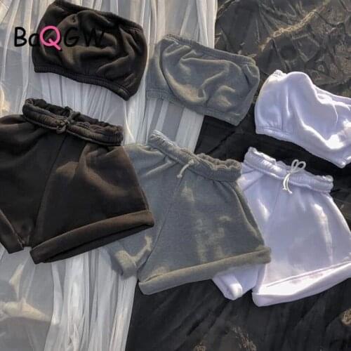 BaQGW Casual Strapless 2 Two Piece Set Summer Women Sleeveless Top + Drawstring Shorts High Waist Matching Sets Solid Outfits