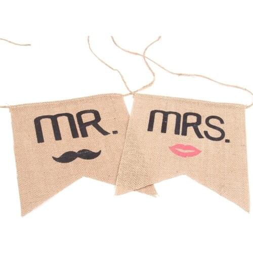Size 20*25CM Mr&Mrs Chair Back Wedding Flags Raw Jute Linen Bride&Groom Chair Back Banner Used In Wedding Decoration