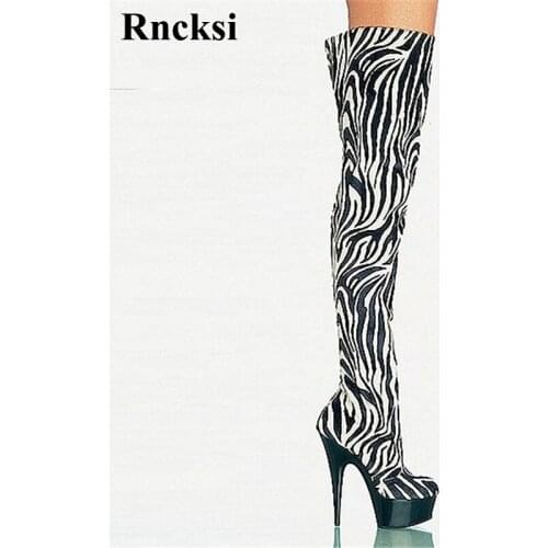 Rncksi Women Party 15cm High Heels Night Club Over The Knee Zebra Stripe Boots Pole Dancing Shoes Pole Dance Hight Heels Boots