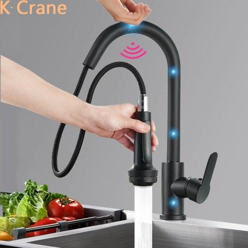 Touch Sensor Faucet Kitchen Hot Cold Mixer Smart Tap Flexible Pull Out Black Grifo Modern Deck Mounted Copper Faucets Torneira