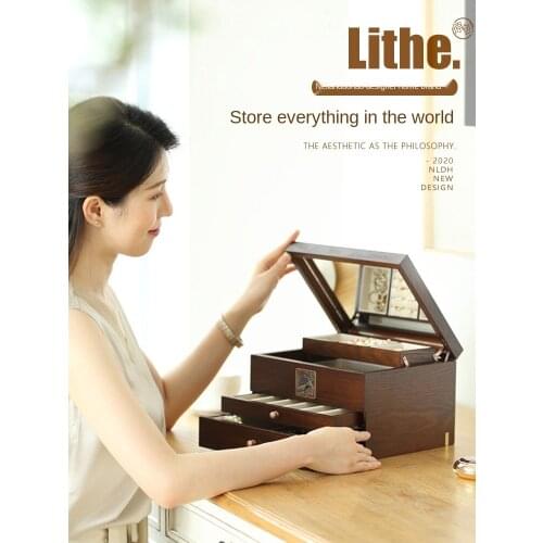 Earring earring necklace storage box jewelry box large-capacity wooden drawer-style home jewelry box makeup mirror
