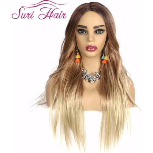 Suri Hair Cosplay ombre blonde Wig 28 inch Long Straight Synthetic Wigs For White Women American Dark brown root no bangs hair