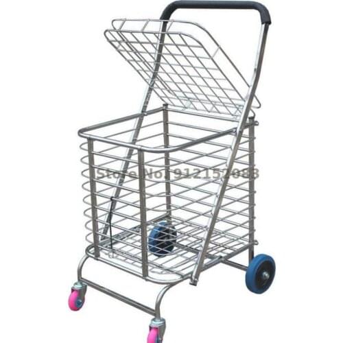 Stainless Steel Grocery Shopping Cart Shopping Hand Trailer Small Cart Portable Folding Cart Elderly Cart Trolley Supermarket