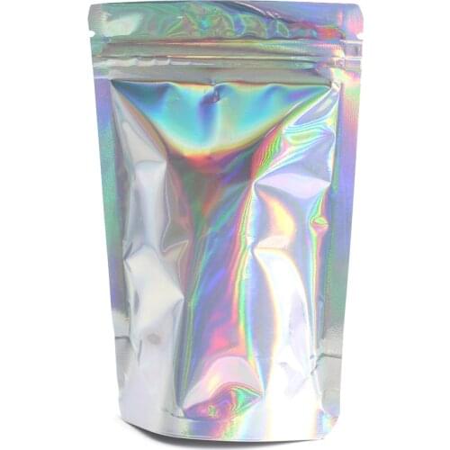 Thick 50pcs Aluminum Foil Laser Zip Lock Pouch Clear Hologram Rainbow Stand Up Zip Lock Plastic Packaging Bag with Tear Notch