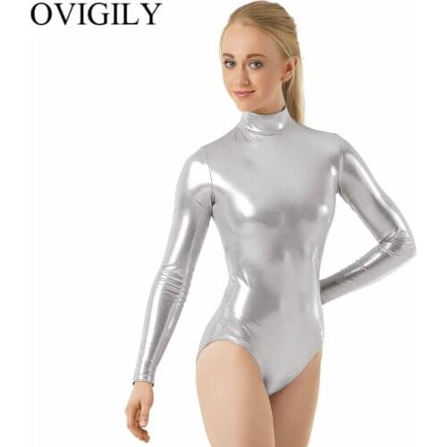 OVIGILY Silver Metallic Dance Leotards Bodysuits Women High Neck Ballet Leotards Unitard Girls Spandex Black Gymnastics Leotards