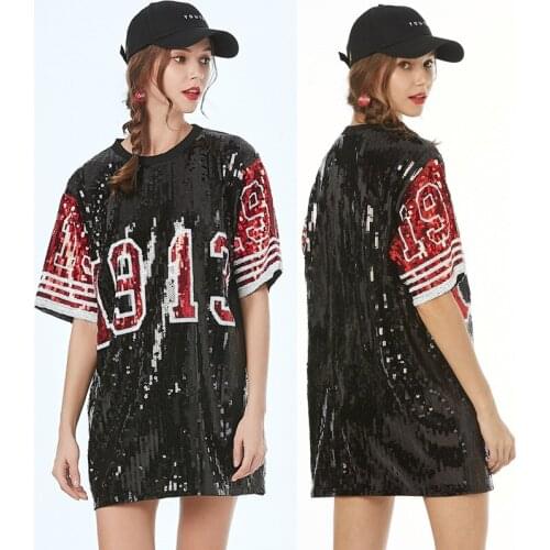 Street Casual Straight Letter Short Patchwork Sequined Elegant Mini Embroidery Number Club Sexy Summer Dress Plus Size Dress