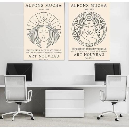 Art Nouveau, Alfons Mucha, exhibition hall, museum hall, modern design, female figure, line drawing design, poster of Paris Art