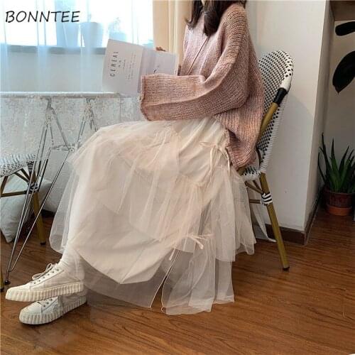 Skirts Women Aesthetic Mesh Princess Lovely Sweet Popular A-Line All-match Solid Lady Clothing BF Style Oversized Leisure Kawaii