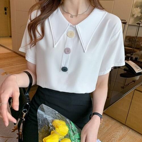 Women Blouses 2021 Summer New Shirts Casual Solid Peter pan Collar Short Sleeve Office Lady Buttons Tops Clothing Female Blusas