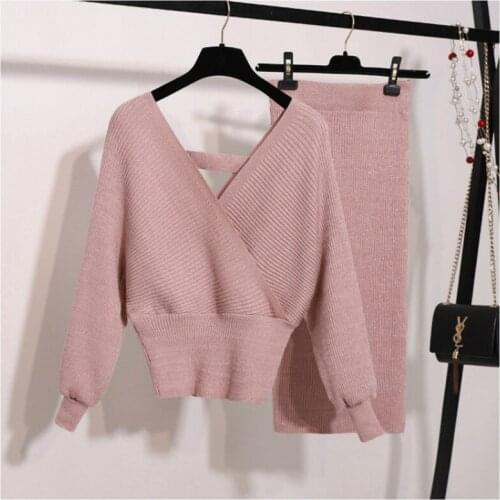 Womens suits spring knitted 2 piece set women lantern sleeve v neck sweater elastic waist knitted skirt female sweater suit
