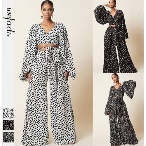 Wefads woman Leopard Print jumpsuits set New Digital Print Ladies Lace Lantern Long Sleeve Cardigan Loose Wide Leg Pants Set