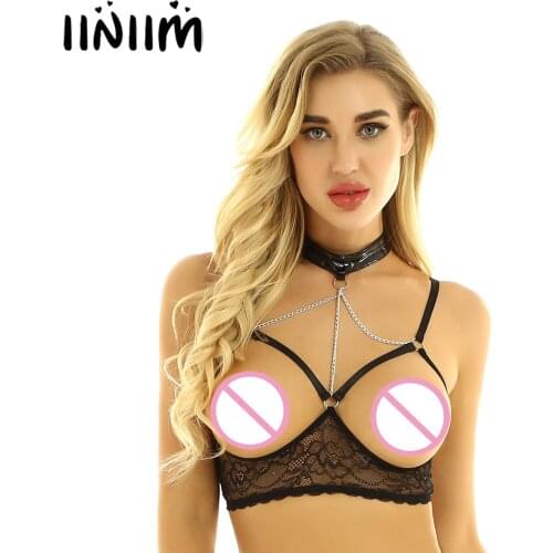 Womens See Through Sissy Female Sheer Lace Hot Lingerie Exotic Bras Spaghetti Straps Open Cup Bras Wire-free Bra Top for Ladies