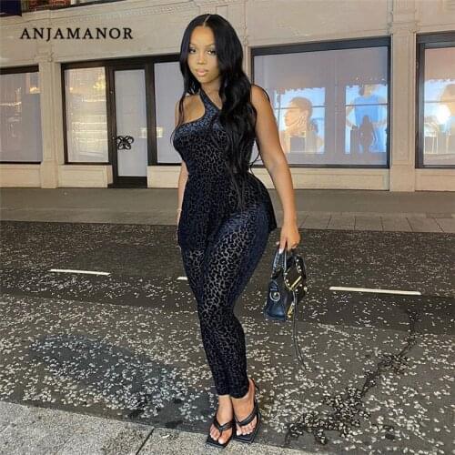 ANJAMANOR Sexy Mesh Flocking Leopard Print Black Jumpsuits One Shoulder Bodycon Outfits See Through Club Wear Women D87-BG19