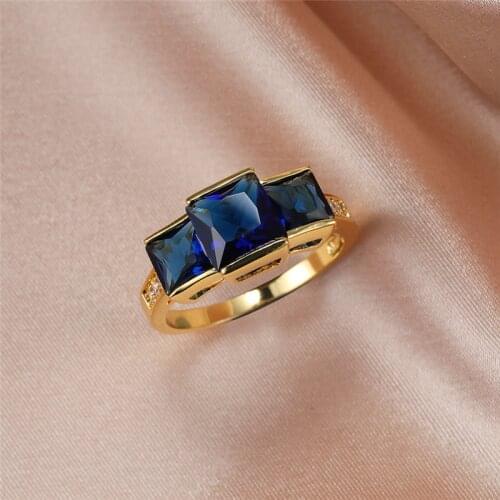 Charm Female Blue Crystal Stone Jewelry Dainty Gold Color Wedding Big Rings For Women Vintage Bride Square Engagement Ring
