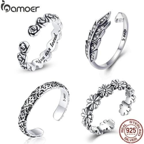 Bamoer Retro Vintage Multiple Rose Open Ring Engrave You are loved 925 Sterling Silver Adjustable Ring Jewelry for Women SCR736