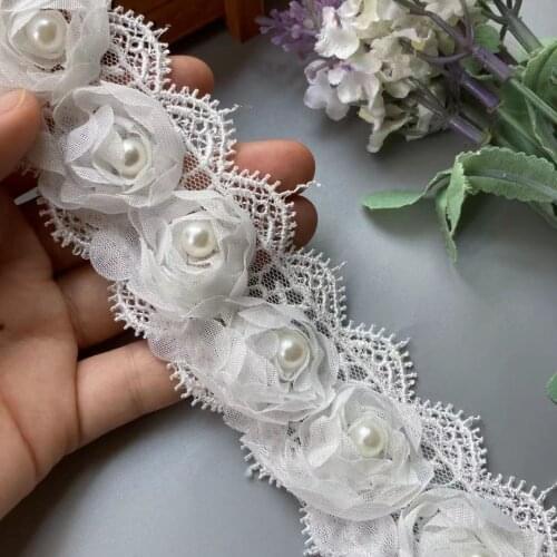 2 Yard White Pearl Soluble Flower Embroidered Lace Trim Ribbon Floral Applique Fabric Handmade Wedding Dress Sewing Craft New