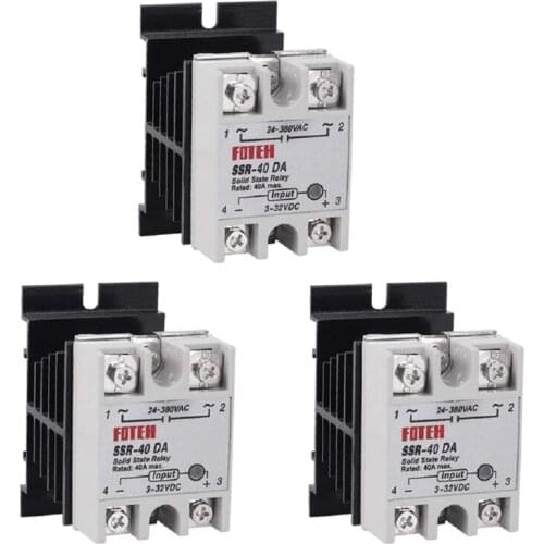 3PCS SSR-40 DA 40A DC 3-32V to AC 24-380V SSR Solid State Relay + Heat Sink