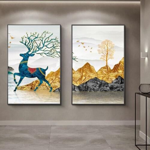 Abstract Golden Mountain Tree Canvas Painting Print Poster For Room Decoration Aesthetic Blue Deer Pictures For Home Wall Decor