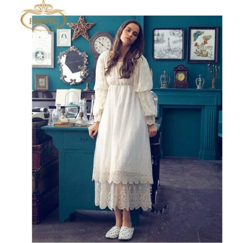 Free Shipping 2015 New Autumn High Quality Womens Long Nightgowns Beige Pijamas Lace Embroidery Sleepwear Vintage Nightgown