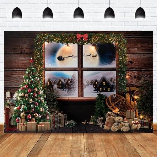 Neoback Winter Christmas Party Photo Backdrop Window Fairytale Background X-mas Tree Green Wreath Toys Snow Moon Elk Photocall