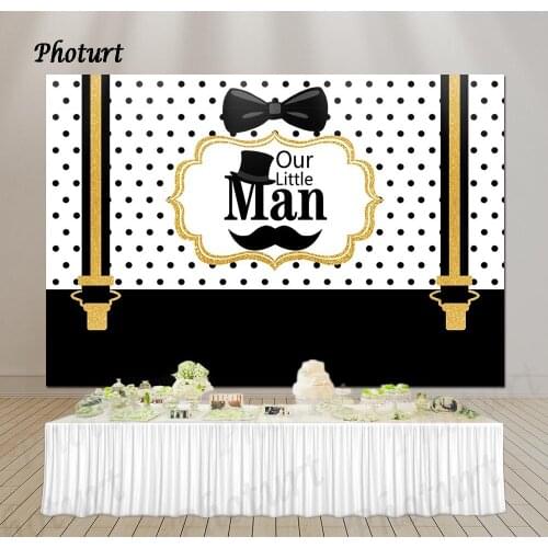 PHOTURT Little Man Backdrop Baby Shower Boy 1st Birthday Background Black Suit Dots Tie Polka Banner Photography Props