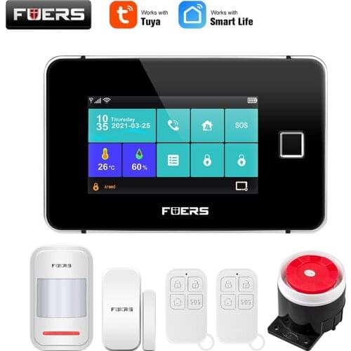 FUERS Tuya WiFi GSM Smart Home Security Alarm System Touch screen Temperature Humidity Display Fingerprint 433MHz Control Siren