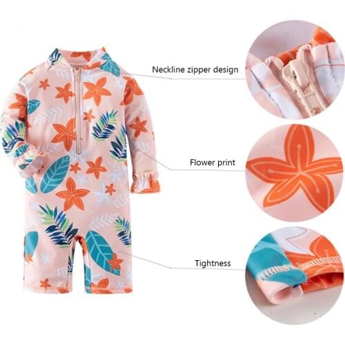 Summer 2021New Children Swimsuit Girl One-Piece Swimsuit With Hood Beach Print Swimsuit 2-7 Years Old