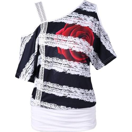 Fashion Womens Casual Short Sleeve Tshirt One Shoulder Bandage Floral Print T-shirt Tops Ropa Mujer Verano 2021#PY