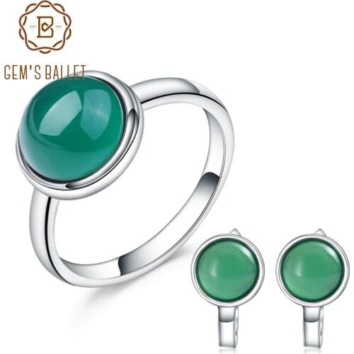 GEMS BALLET Natural Green Agate Earrings Ring Set Fine Jewelry 925 Sterling Silver Simple Elegant Jewelry Set For Women