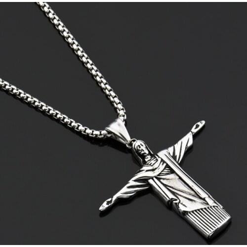 Stainless Steel Silver Christ Jesus Pendant Necklace Man God Brazil Rio De Janeiro Statue Religious Prayer Men Retro Necklace