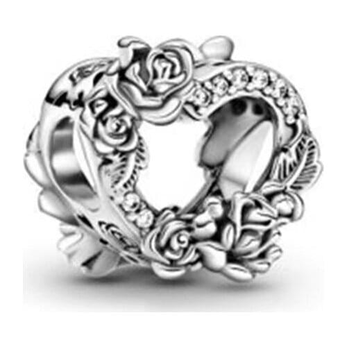 Open Heart Rose Flowers Charms 2021 New Valentines Day 925 Sterling Silver Beads Fit Bracelets Gift DIY For Women Jewelry