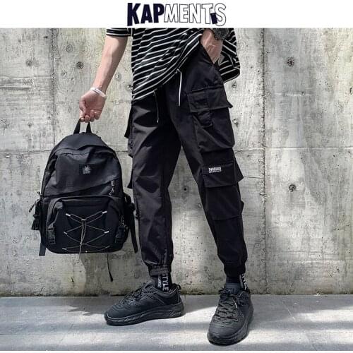 KAPMENTS Men Casual Pocket Streetwear Cargo Pants 2020 Mens Overalls Hip Hop Joggers Pants Male Korean Loose High Waist Trousers