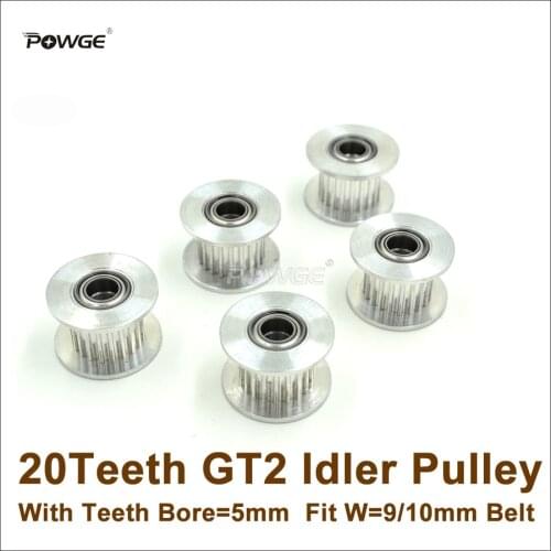 POWGE 5pcs 20 Teeth 2GT Idler Pulley Bore 5mm With Teeth For W=9/10mm GT2 2M Belt 20T 20Teeth GT2 Passive Pulley With Bearing