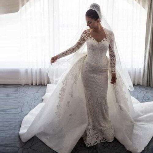 2020 Luxury Mermaid Wedding Dresses Scoop Neck Long Sleeves Illusion Bride Dress Full Lace Applique Detachable Train Back Gowns