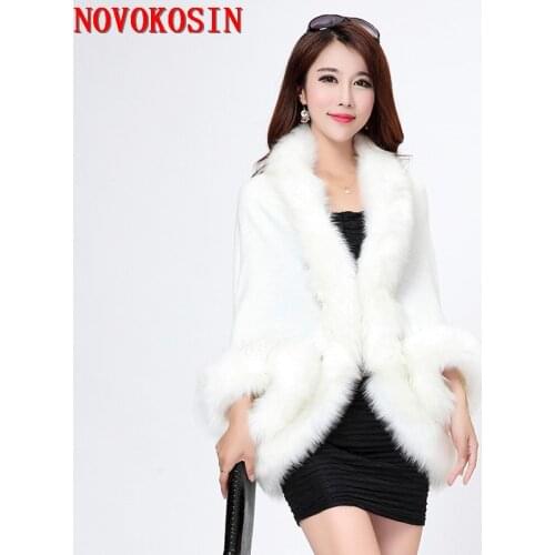 SC32 2018 Imitation Fox Fur Collar Warm Winter Shawl Black White Knitted Cardigan Women New Fashion Sleeves Hole Thick Poncho