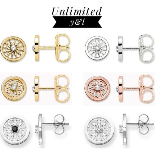 Round Sun Flower Stud Earring for Women Thomas Style High Quality White Zircon 925 Sterling Silve/ Rose Gold Ear Stud Jewelry