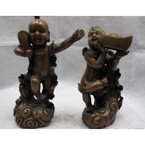 Old China Folk Copper Lucky handsel Money Yuan Bao wealth Two Boys child Statue