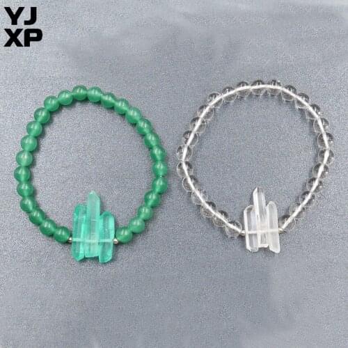 YJXP 1Pcs Round Beads Bangle Bracelet Connected 3 Crystal Columns Natural Clear Quartz Unique Handmade Beads Bracelet for Women