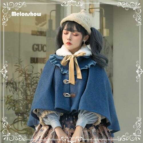 Melonshow Winter Womens Cape Blue Cloak Women Cape Coat Medieval Poncho Girls Victorian Dress Sweet Lolita Outwear Kawaii Dress