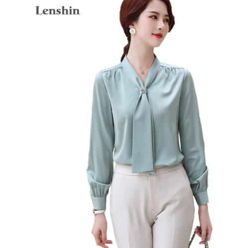 Lenshin Soft Fabric Shirts for Women V-neck Blouse with Bow Work Wear Office Lady Female Tops Chemise Loose style
