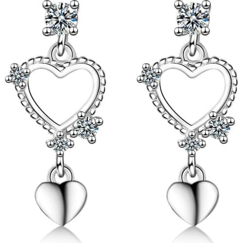 New Fashion Jewelry Lovely 925 Sterling Silver Heart Shaped Tassel Earrings For Women Girl Gift CZ Zircon Earrings oorbellen