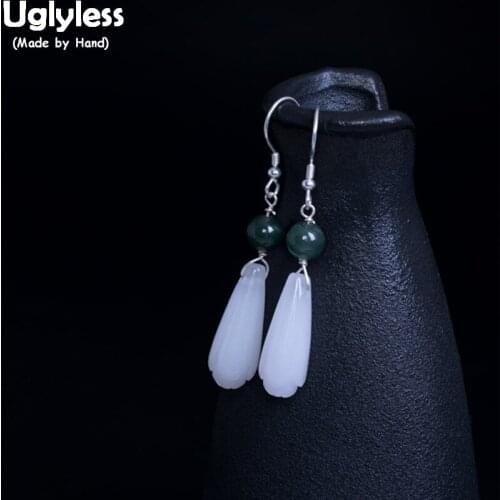Uglyless 100% Real 925 Sterling Silver Floral Earrings for Women Natural Jade Magnolia Dangle Earrings Ethnic Elegant Brincos