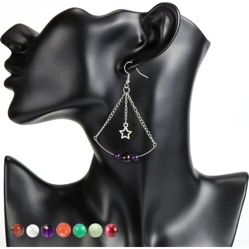 Women Natural Stone Crystal Onyx Dangling Earring Alloy Long Chain Round Beads Star Charm Hanging Earrings Hoop Party Jewelry