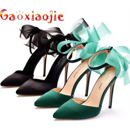 Summer Cool Suede Women Sandal Green Pointed End 11CM Buckle Strap Super High Heels Black Cover Heel Ribbon Bow Stiletto Shoes