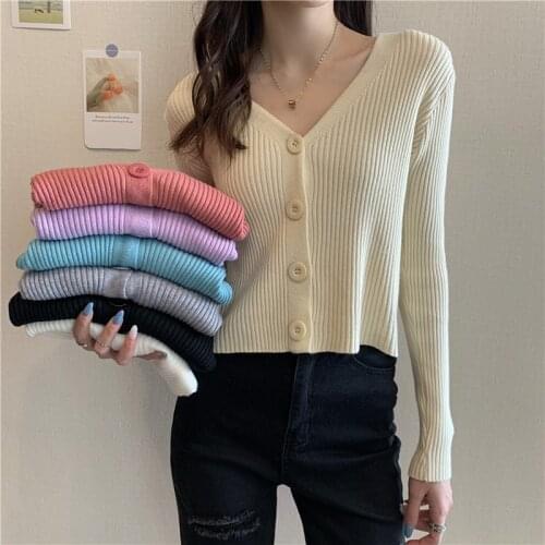 Women V-Neck Knitted Slim Short Sweaters Cardigans Lady Knitting Soft Autumn Spring Cardigan Outwear for Female