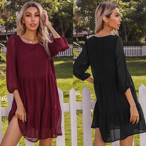 2021 Autumn Sexy Solid Casual Stitching Short Dress Lady Pleated Round Neck Dress Sweet Elegant Lace Up Sundress Free Shipping