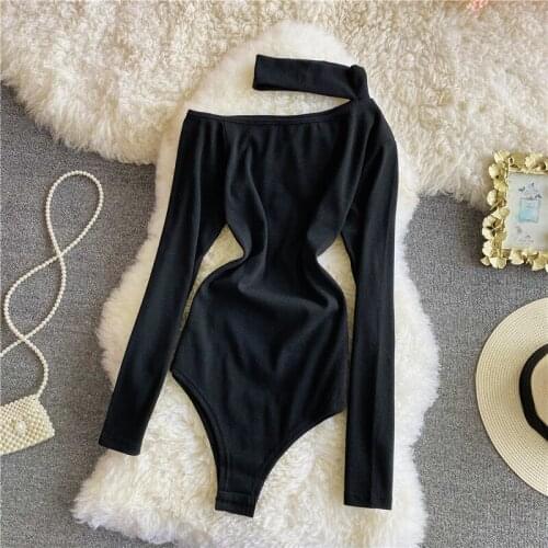 Women Solid Knitted Bodysuit Halter Neck One Shoulder Long Sleeve Skinny Jumpsuit 2021 Chic Off Shoulder Body Top Woman Clothes