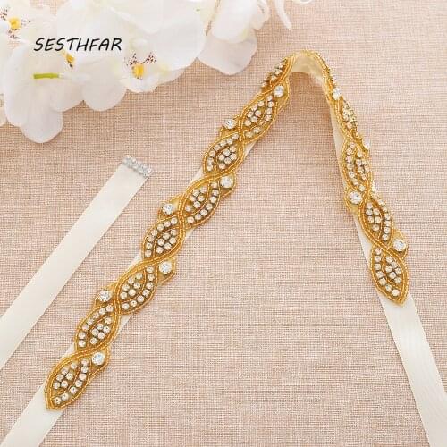 SESTHFAR Bridal Belt Gold Rhinestones Wedding Belt Crystal Bridesmaid Belt For Handmade Wedding Accessories