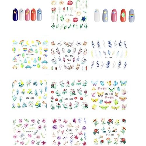 10 Kinds/lot Nail Watermark Sticker Butterfly Green Leaves Nail Art Decoration Flowers Nail Stickers Set Water Transfer Stickers